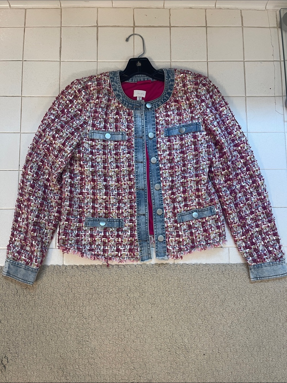 ecru Pink Bouclé Tweed Jacket with Denim Trim